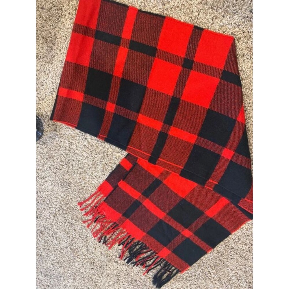Red Black Buffalo Plaid Cashmere Blend Fringe Scarf 72"